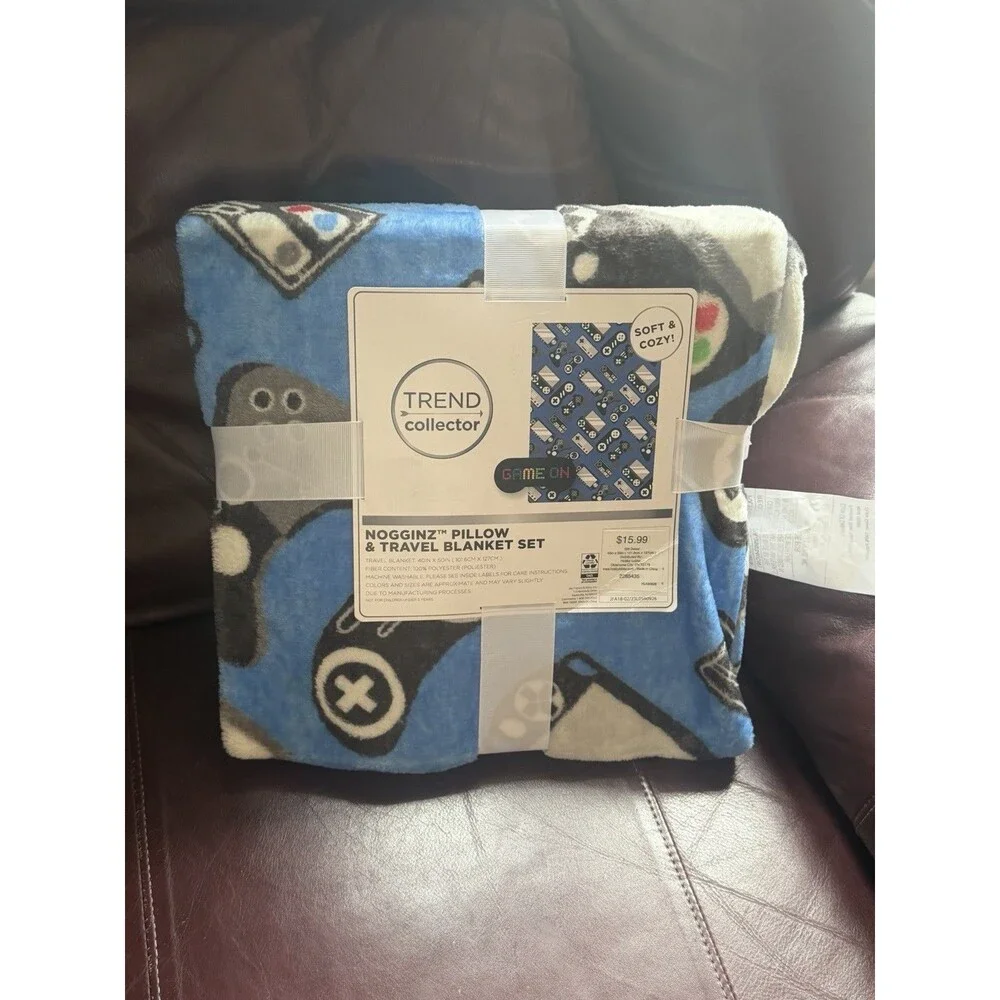 Trend Collector Game On Nogginz Travel Blanket Set 40x50 Blue Soft & Cozy